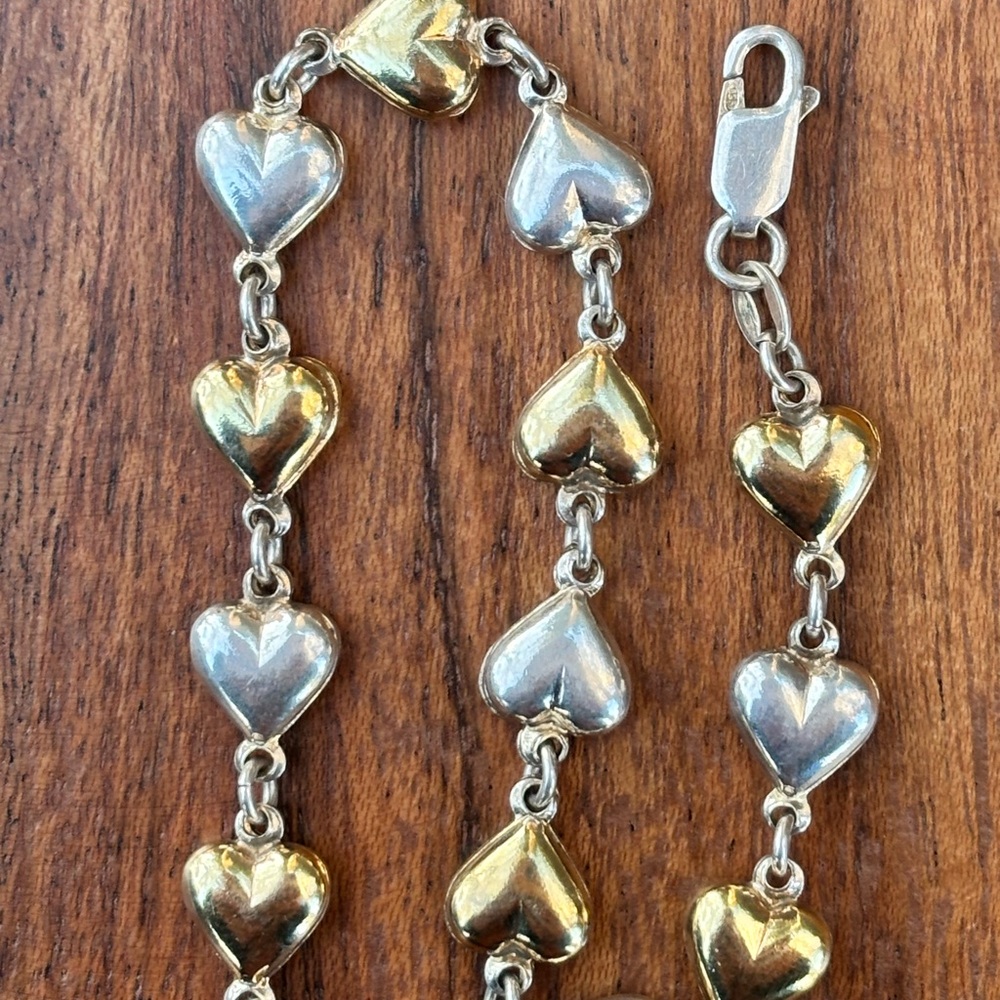 Vintage Sterling Silver Puffy Heart Bracelet 7.5” Two Tone Woman’s Jewelry